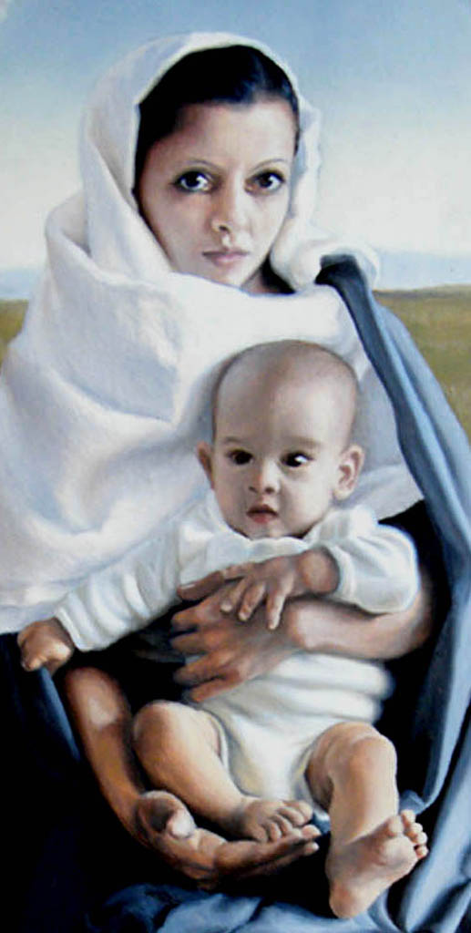 olajfestmény portré, anya gyermekével mint madonna